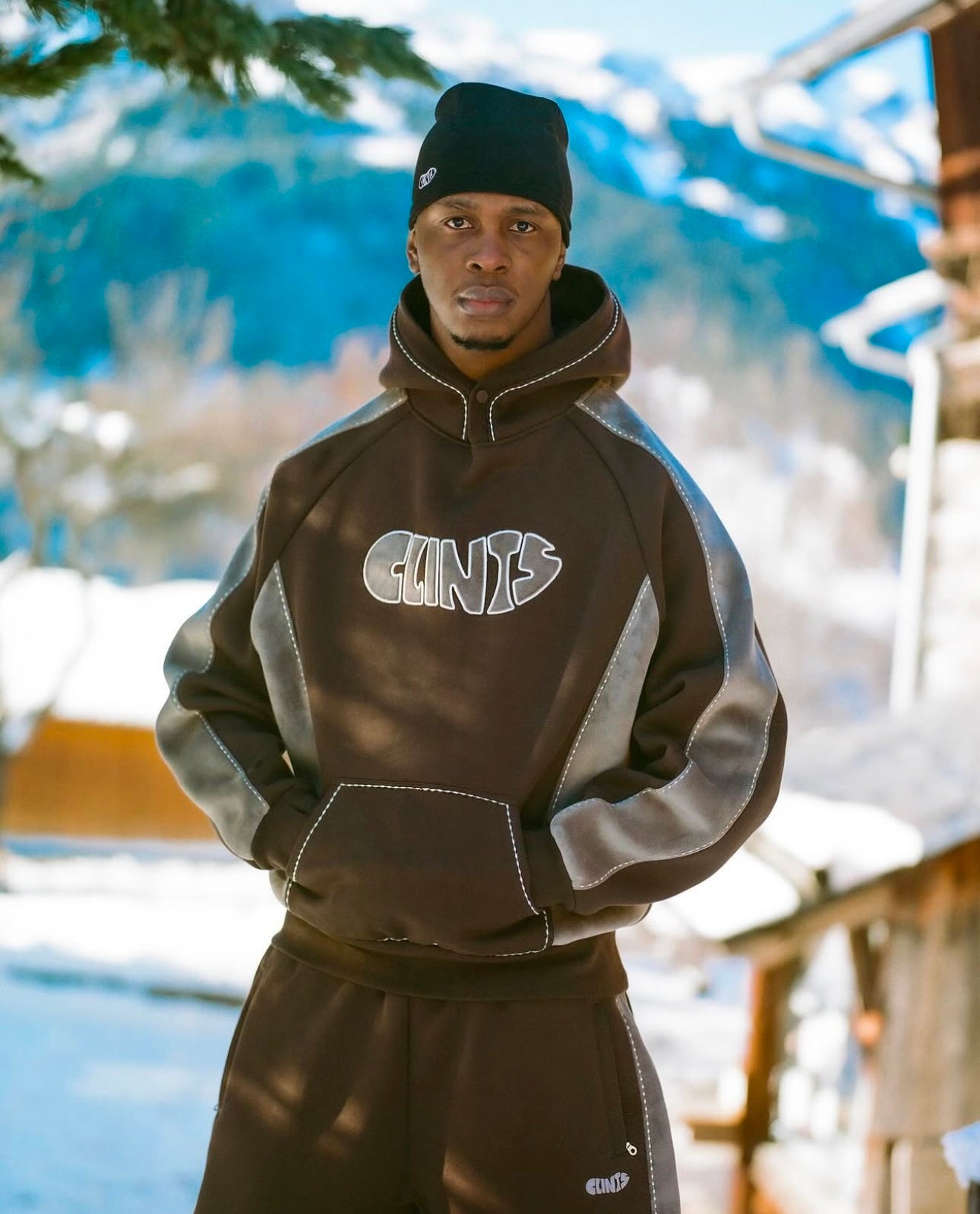 Fleece Panel Hoodie- Brown