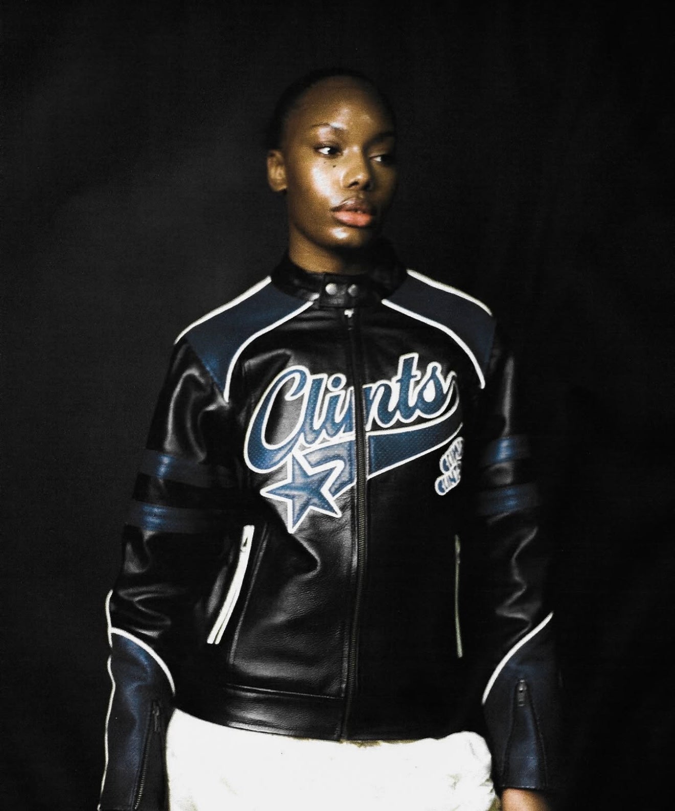 Leather Biker Jacket - Black/Blue