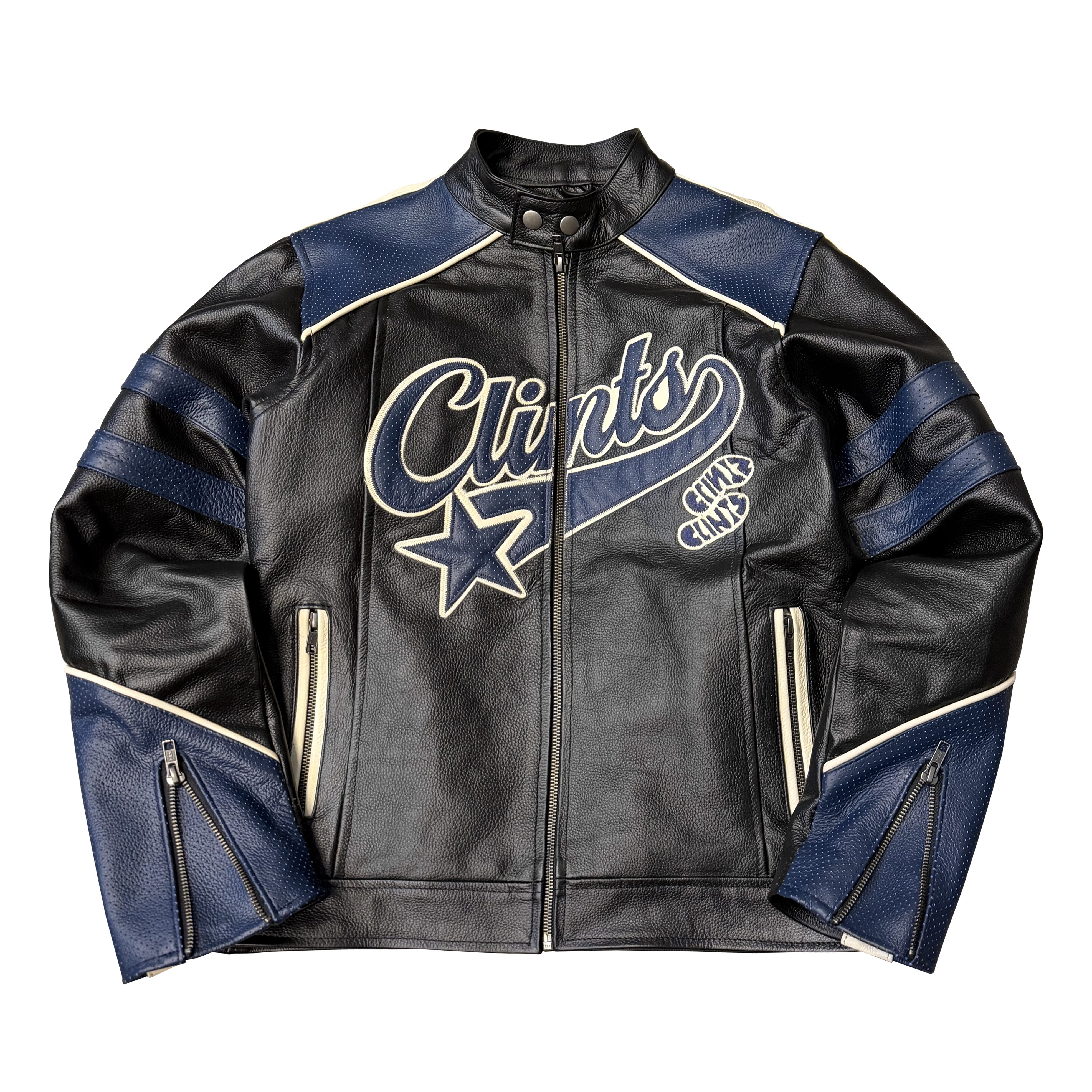 Leather Biker Jacket - Black/Blue
