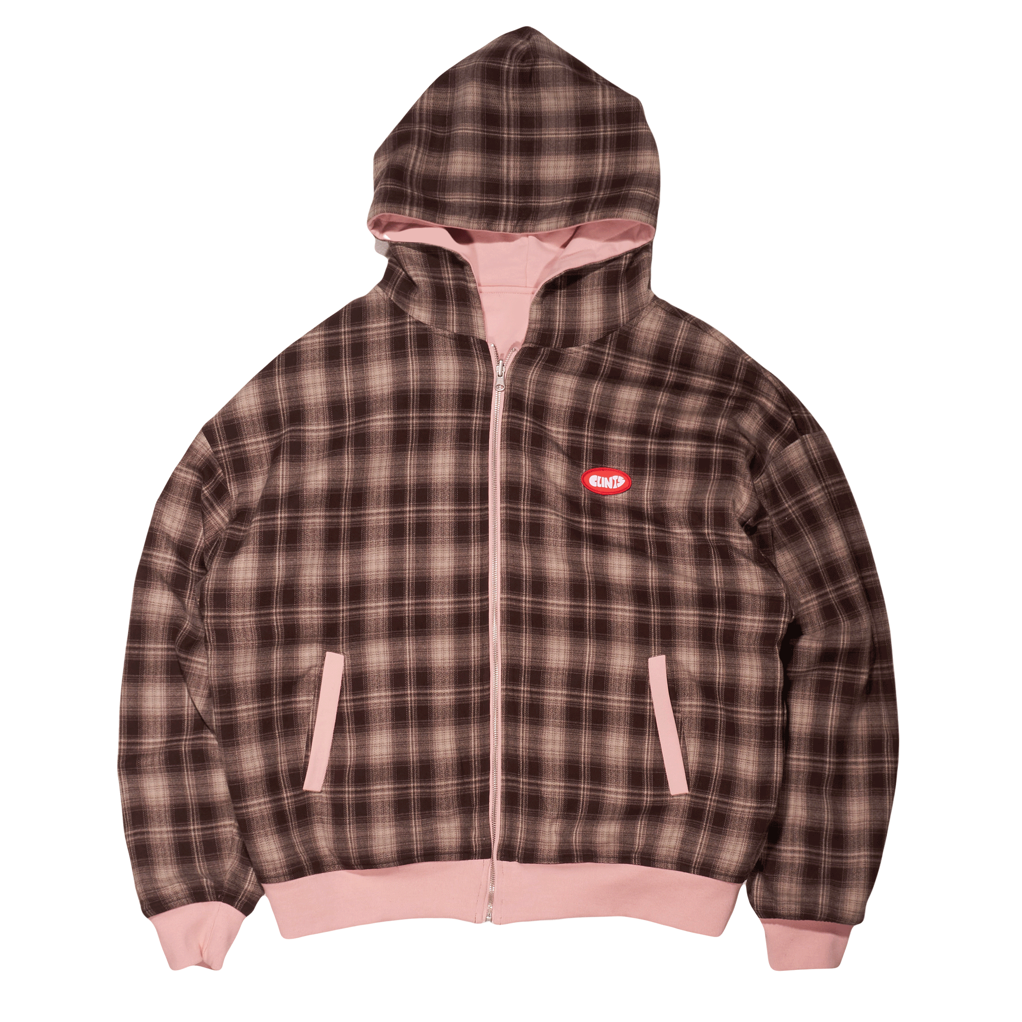 Reversible Plaid Hoodie - Pink/Brown
