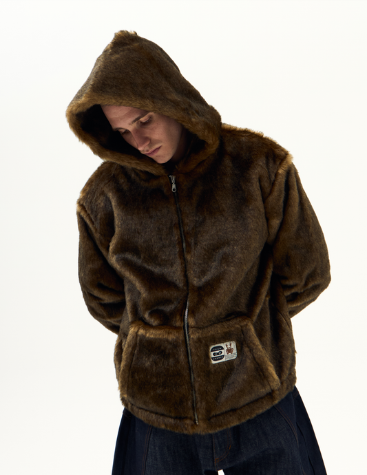 Hooded Faux Fur Jacket - Brown