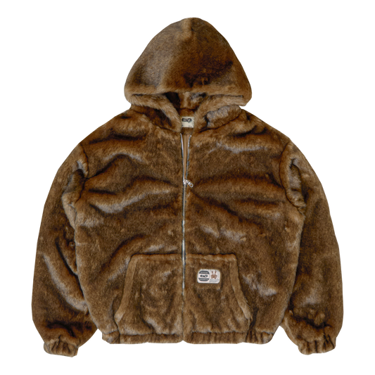 Hooded Faux Fur Jacket- Brown
