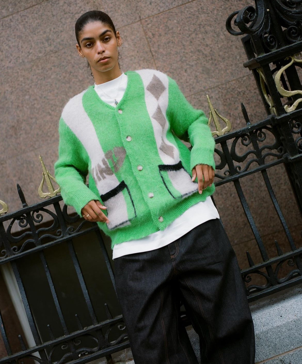 Mohair Diamond Cardigan - Green/Grey