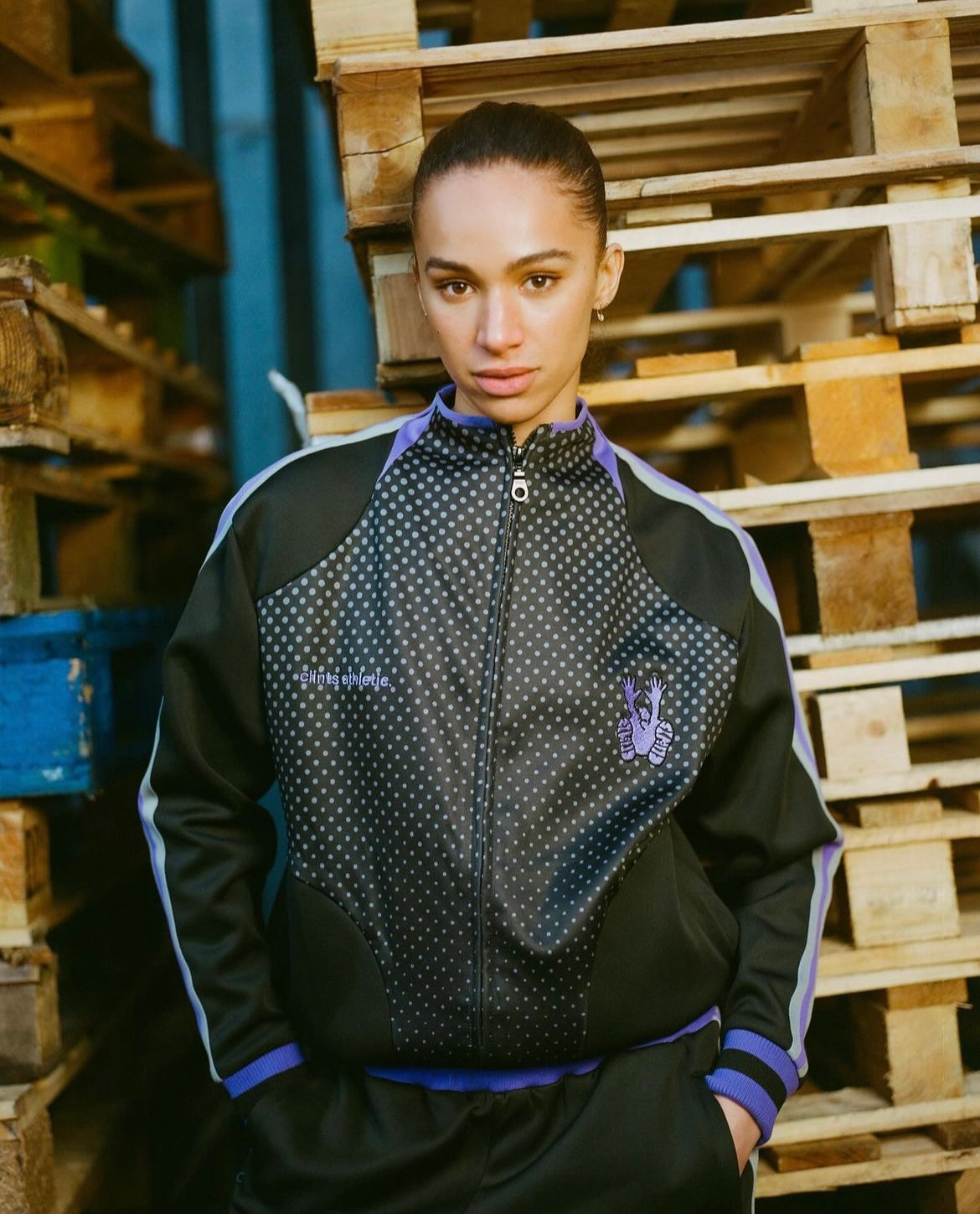 Athletic Dotted Poly Track Pant - Black/Purple