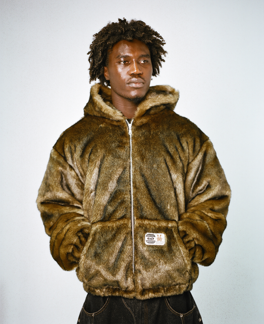 Hooded Faux Fur Jacket- Brown