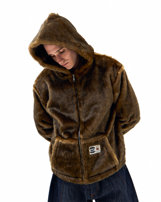Hooded Faux Fur Jacket - Brown