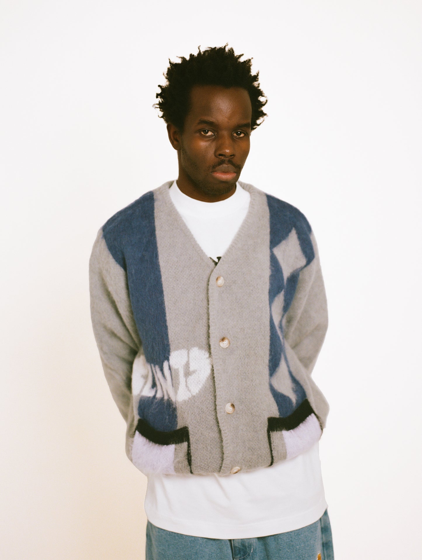 Mohair Diamond Cardigan - Grey/Blue